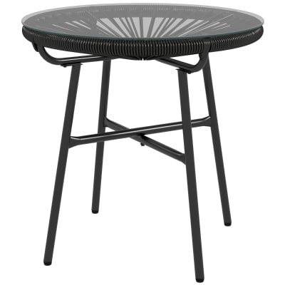 Table basse de jardin ronde en rotin pe et verre, noir, 50 cm