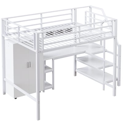 Lit mezzanine enfant 140x200 bureau armoire rangements blanc