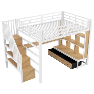 Lit mezzanine bureau LED deux tiroirs escalier blanc 140x200 cm