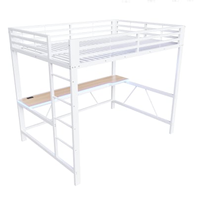 Lit mezzanine gaming enfant bureau LED USB blanc 140x200 cm