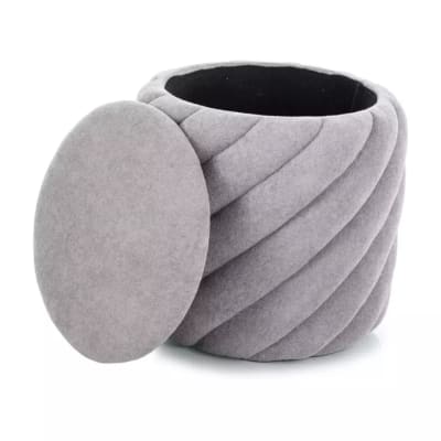 Pouf rond en tissu de polyester gris avec rangement intérieur