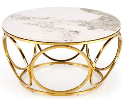 Table basse ronde avec plateau en marbre blanc et pieds dorés