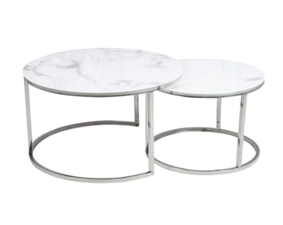 Table gigogne ronde en acier chromé et marbre blanc (x2)