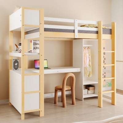 Lits mezzanine en pin avec bureau naturel 90x200 cm