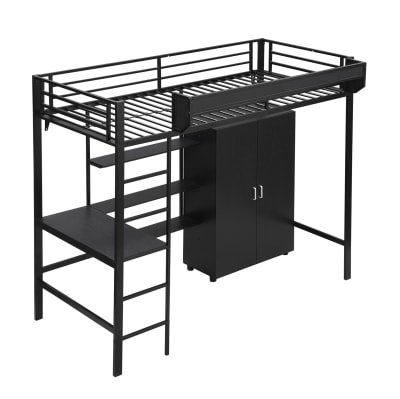 Lits superposés en métal avec table et armoire noir 90x200 cm