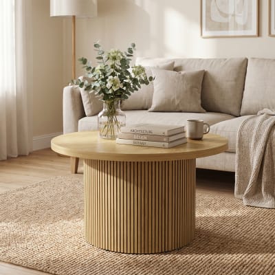 Table basse ronde moderne base cannelée bois naturel