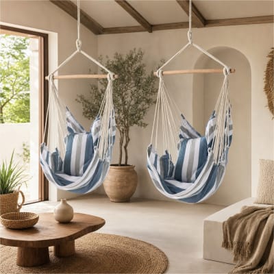 Lot 2 fauteuils suspendus en coton rayé bleu 100x60x135 cm