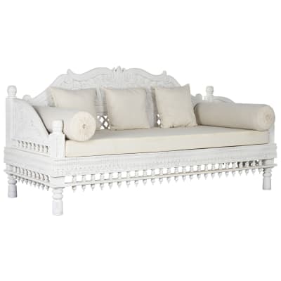 Canapé en manguier sculpté avec coussins blanc 185x80x90 cm