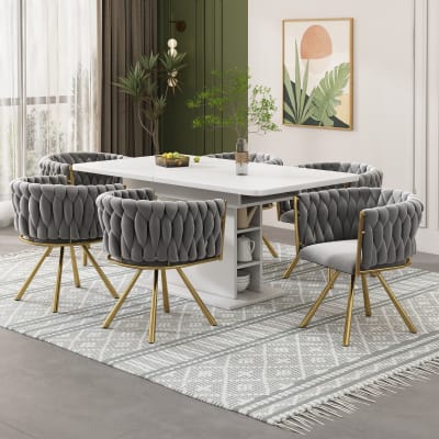 Lot de 6 chaises pivotantes 360° velours gris, pieds métal doré