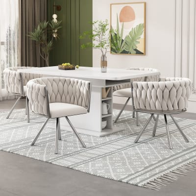 Lot de 2 chaises pivotantes 360° velours beige, pieds métal argenté