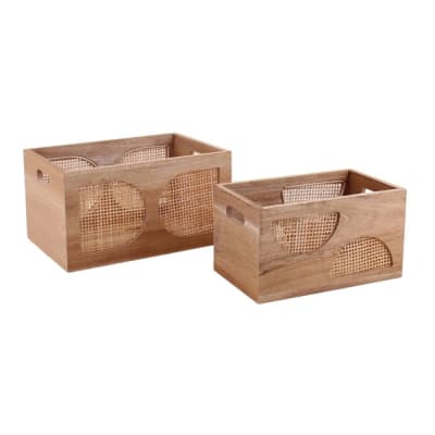 Set de 2 caisses en bois détails rotin
