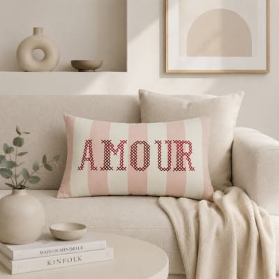 Coussin polylin rectangulaire ''amour'' brodée polyester rose 50 x 30