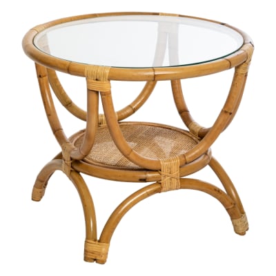 Table café ronde en rotin avec plateau en verre naturel 60 x 60