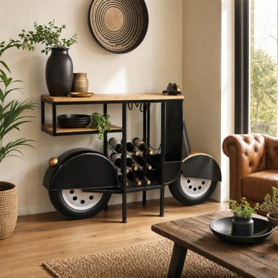 Meuble bar en fer et sapin noir 134x36x92 cm