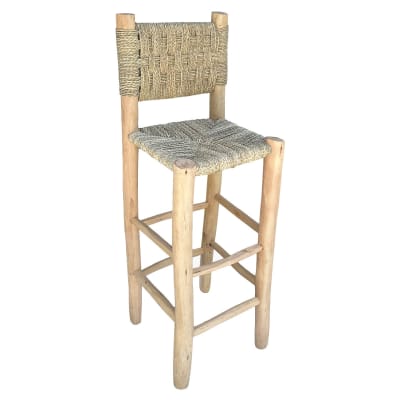 Tabouret de bar haut en bois et fibre naturelle avec dossier, 75 cm