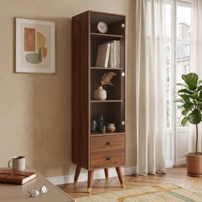 Armoire haute vitrine effet noyer 4 étagères réglables et 2 tiroirs
