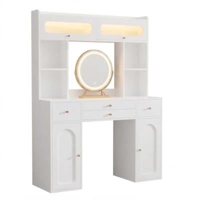 Coiffeuse blanche moderne avec miroir rond led bluetooth, 4 tiroirs