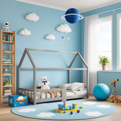 Cadre lit enfant forme maison bois gris, style nordique, 90x200 cm