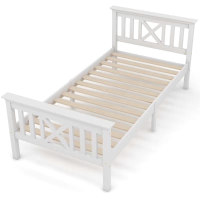 Cadre lit bois massif blanc, tête croix, pied bas, 90x200
