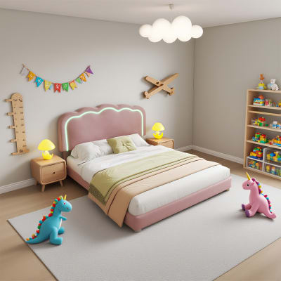 Cadre lit enfant 90x200 velours rose, tête lit led réglable
