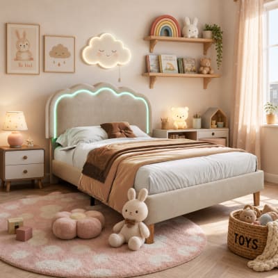 Cadre lit enfant 90x190 lin beige, tête lit led réglable