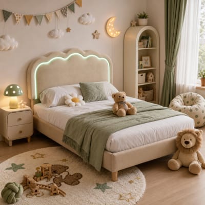 Cadre lit enfant 90x200 lin beige, tête lit led réglable