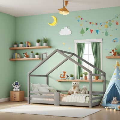 Cadre lit maison enfant 90x200 cm gris, sécurité