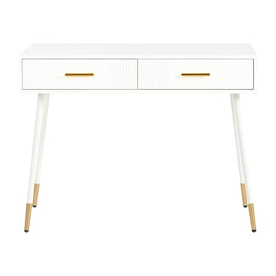 Coiffeuse blanche bois métal, 2 tiroirs, pieds dorés, design min