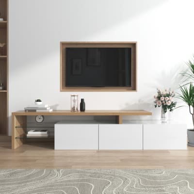 Meuble tv bois et blanc laqué, rangements, portes et étagères