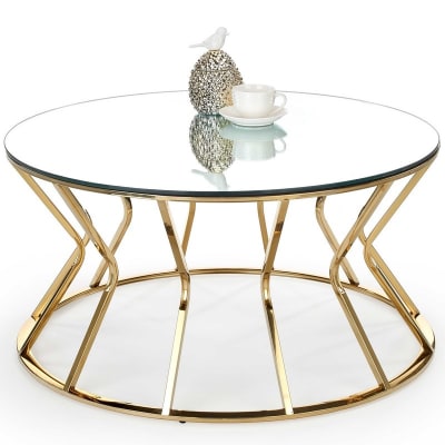 Table basse ronde avec plateau en verre et structure en acier 90cm