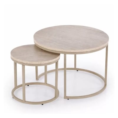 Tables basses gigognes rondes en bois beige plateau effet travertin