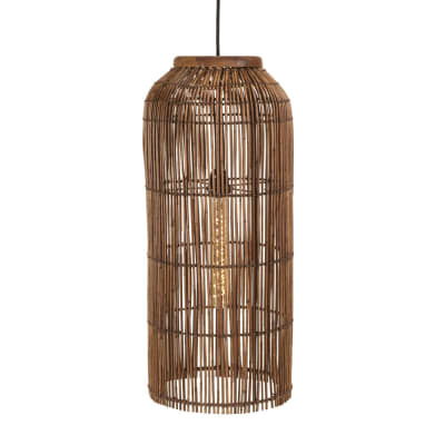 Suspension 28x28cm en rotin couleur marron et bois de teck recyclé