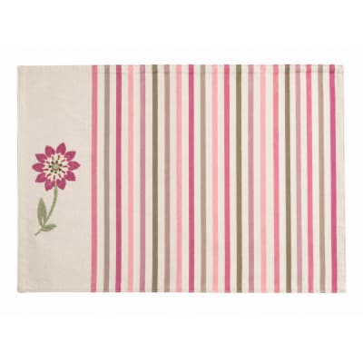 Set de table rayé en coton écru, camaïeu de roses et fleur - 33x48cm