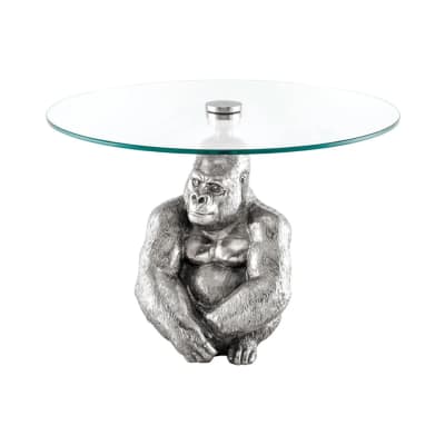 Table basse en forme de gorille en aluminium argenté et verre d60cm