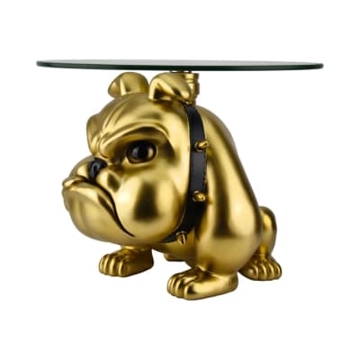 Table basse en forme de bulldog en aluminium doré et verre d54cm