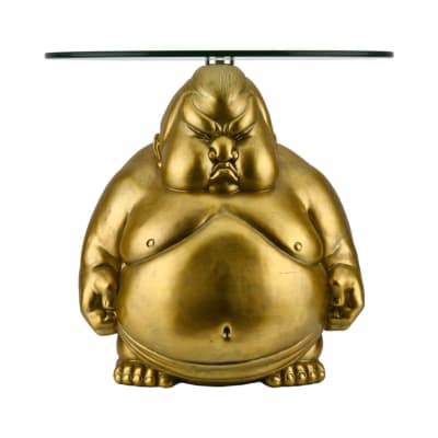Table basse en forme de sumo en polyrésine doré et verre d55cm