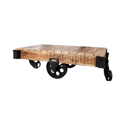 Table basse en bois de manguier et roulettes en fer noir 118x40x69cm