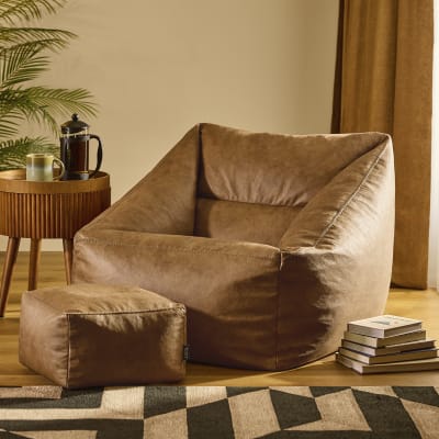 Pouf poire fauteuil avec repose-pied carré en simili cuir végan brun