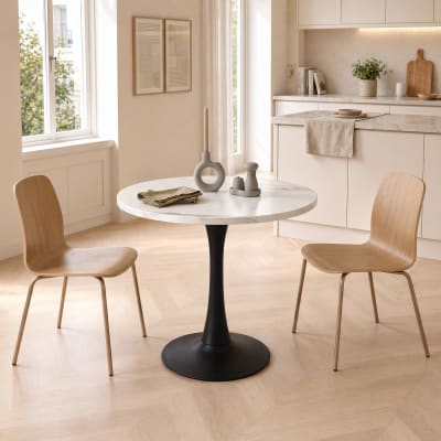 Table ronde 80 cm avec plateau bois effet marbre et base métal