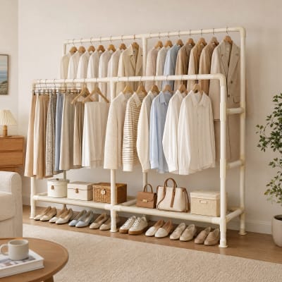 Portant double avec 4 barres  charge 100 kg  163 x 45 x 156 cm  blanc