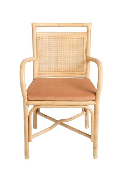 Fauteuil de table rotin et velours ocre