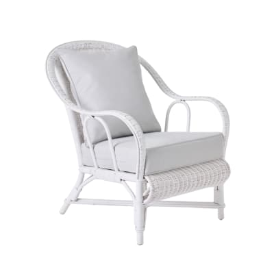Fauteuil rotin blanc et tissu gris perle