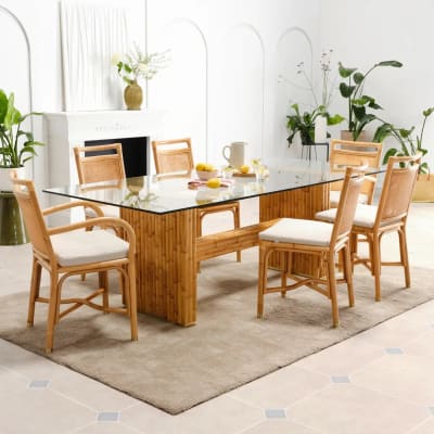 Table rectangulaire en marqueterie de rotin beige