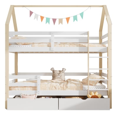 Lit superposé cabane avec grands tiroirs blanc chêne 90x200 cm