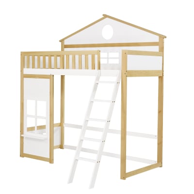 Lit mezzanine maison fenêtres espace libre blanc naturel 90x200 cm