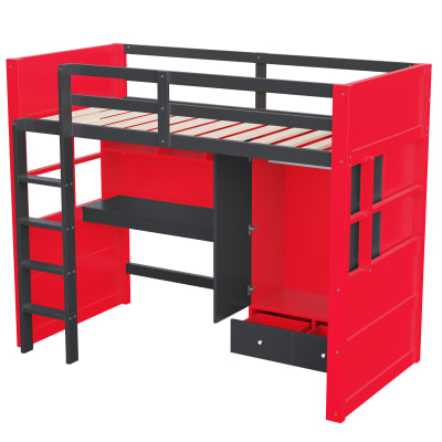Lit mezzanine gaming bureau rangement noir rouge 90x200 cm