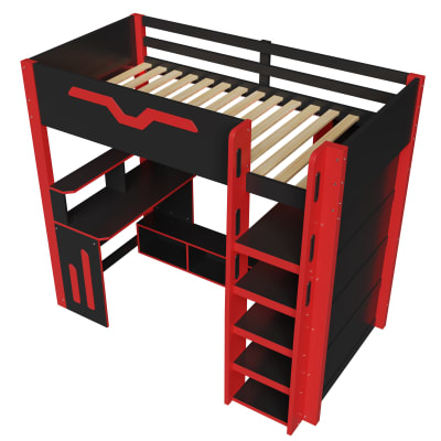 Lit mezzanine bureau rangement led noir rouge 90x200 cm