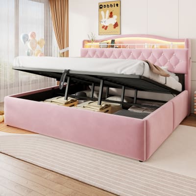 Lit adulte coffre 180x200 cm avec rangement, port usb, velours rose