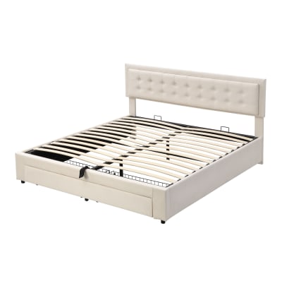 Lit coffre 160x200 avec rangement et tiroirs, velours, beige