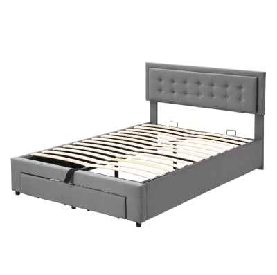 Lit coffre 140x200 avec 2 tiroir, tête de lit réglable, velours gris